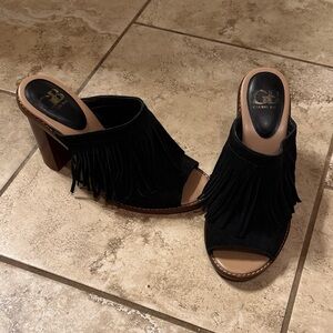 Gianni Bini Black Fringe Open-Toe Mules